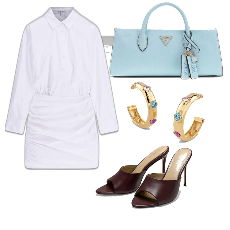 Outfit mujer - Trendy look. Estilo Trendy para Todos los días. Combinación con pendientes, vestidos cortos, sandalias de tacón, bolsos de mano.