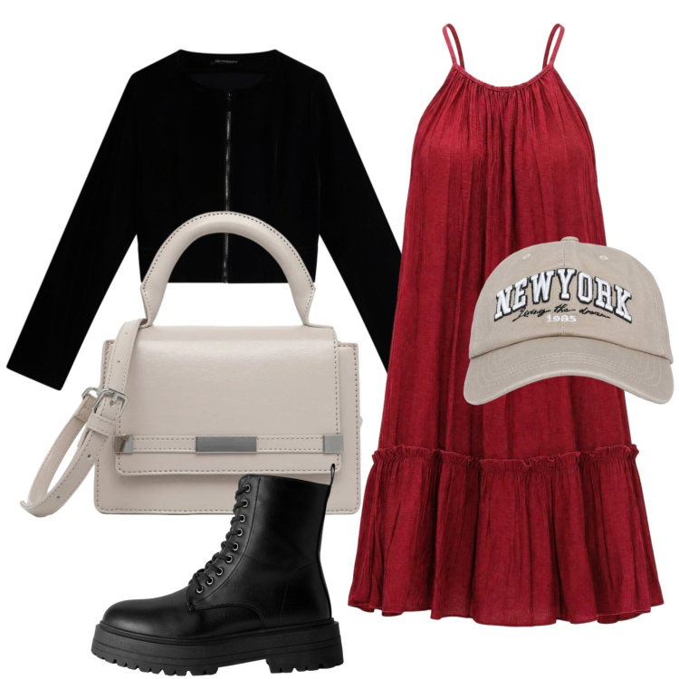 Outfit donna - Mix di tessuti. Stile Boho per Tutti i giorni. Abbinamento con cappelli con visiera, anfibi, borse a tracolla, vestiti corti, blazer.