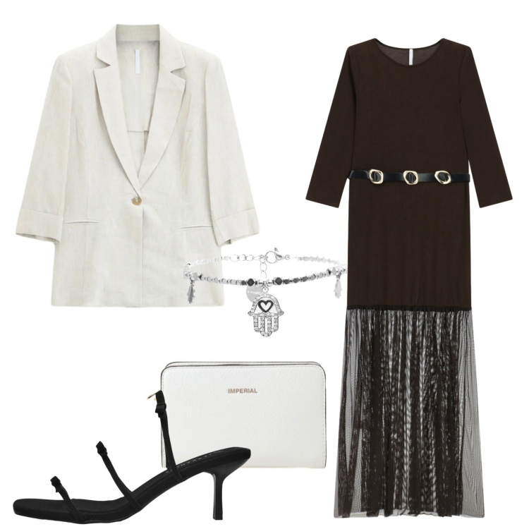 Outfit donna - Dettagli in rete. Stile Casual per Serata fuori. Abbinamento con sandali col tacco, blazer, vestiti lunghi, borse a tracolla, braccialetti.