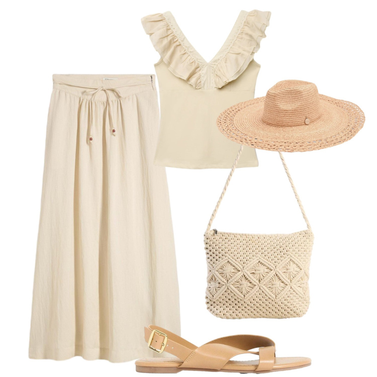 Outfit donna - Palette naturale in vacanza. Stile Romantica per Tutti i giorni. Abbinamento con sandali, gonne lunghe, borse a tracolla, canottiere, cappelli.