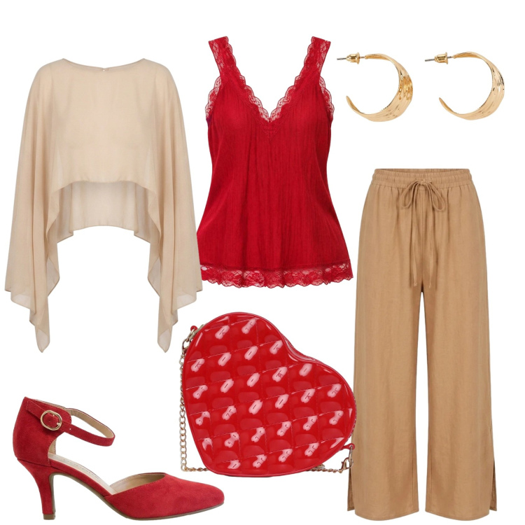Outfit donna - Sera di fine estate. Stile Chic per Serata fuori. Abbinamento con décolleté, orecchini, borse a tracolla, canottiere, blazer, pantaloni.