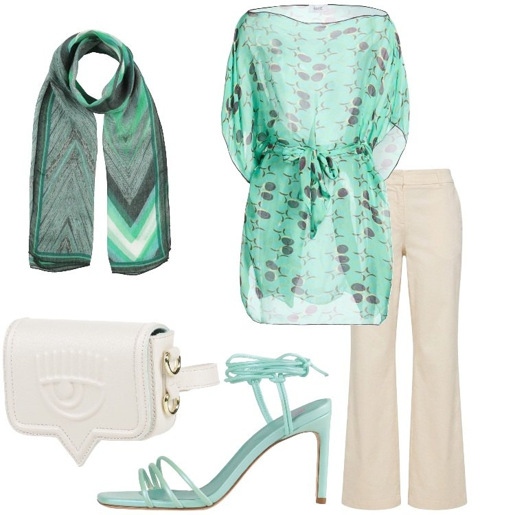 Outfit donna - Cena vista mare Curvy Style. Stile Chic per Serata fuori. Abbinamento con marsupi, sciarpe, top, sandali in pelle, pantaloni.