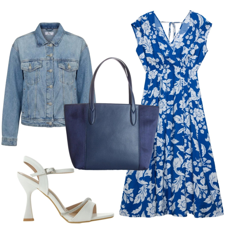Outfit donna - Denim lovers. Stile Casual chic per Tutti i giorni. Abbinamento con shopping bag, sandali gioiello, vestiti midi/longuette, cappotti.