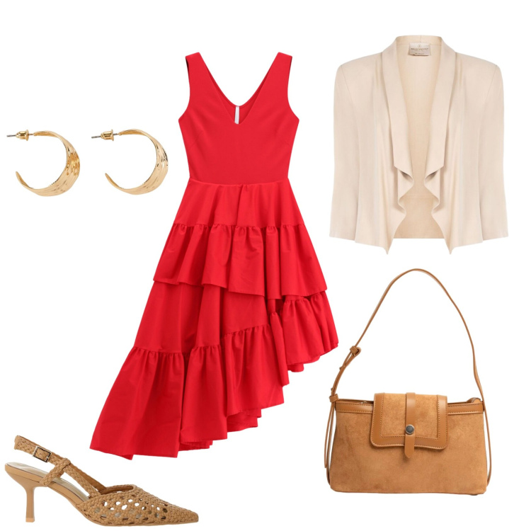 Outfit donna - Cena d\'estate. Stile Glamour per Serata fuori. Abbinamento con orecchini, décolleté, vestiti midi/longuette, blazer, borse a tracolla.