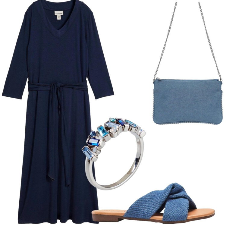 Outfit donna - Fresche serate estive in jersey. Stile Chic per Serata fuori. Abbinamento con anelli, ciabatte, vestiti, borse a tracolla.