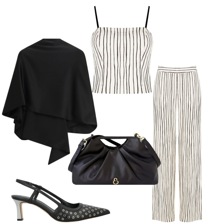 Outfit donna - Bianco e nero. Stile Glamour per Serata fuori. Abbinamento con décolleté, scialli, pantaloni a palazzo, canottiere, clutch.