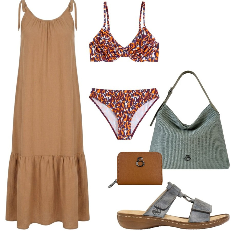 Outfit donna - Voglia di relax. Stile Casual chic per Mare. Abbinamento con ciabatte, bikini, borse a spalla, portafogli, vestiti.