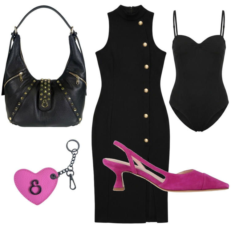 Outfit donna - Abito valorizzante. Stile Casual per Ufficio. Abbinamento con décolleté, vestiti asimmetrici, borse a spalla, portachiavi, body.