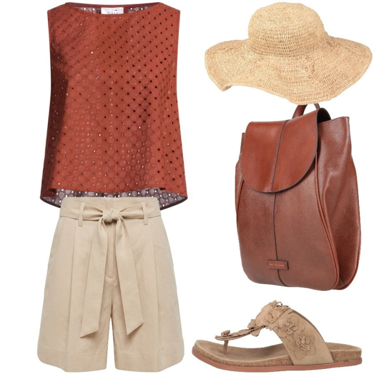 Outfit donna - Vacanze color sabbia e terracotta. Stile Casual chic per Tutti i giorni. Abbinamento con top, zaini, infradito, cappelli, bermuda.