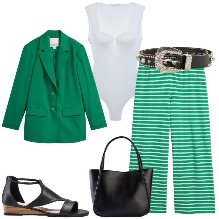 Outfit donna - Total look #2454922. Stile Casual chic per Tutti i giorni. Abbinamento con sandali, shopping bag, pantaloni, blazer, cinture, top.