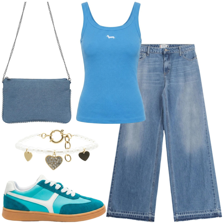 Outfit donna - Total look #2454923. Stile Basic per Tutti i giorni. Abbinamento con sneakers, borse a tracolla, jeans, canottiere, braccialetti.