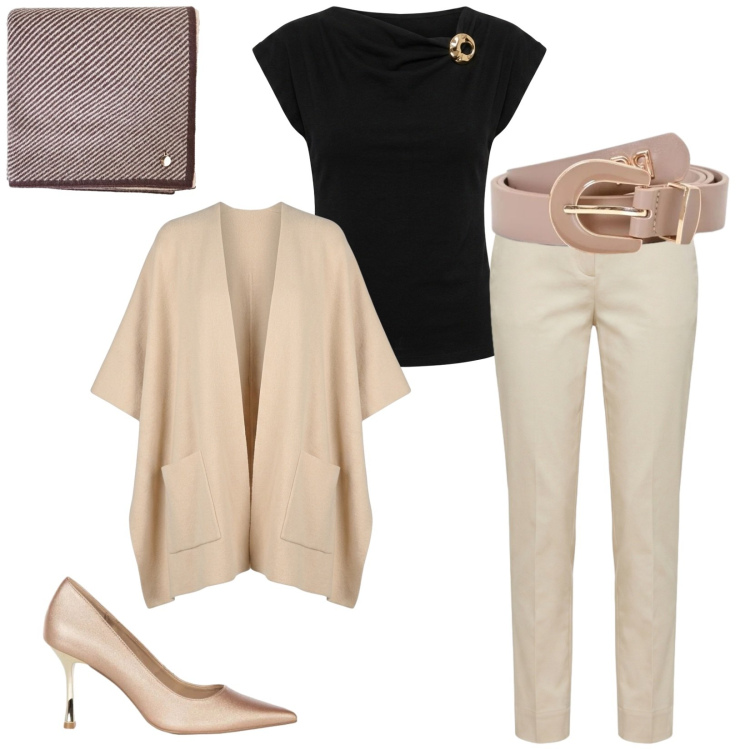 Outfit donna - Total look #2454924. Stile Chic per Ufficio. Abbinamento con pantaloni chino, cinture, sciarpe, décolleté, cappe, t-shirt.
