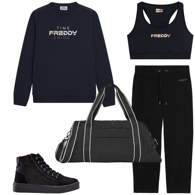 Outfit donna - Total look #2454925. Stile Urban per Sport. Abbinamento con sneakers alte, borse sportive, pantaloni, top, felpe.