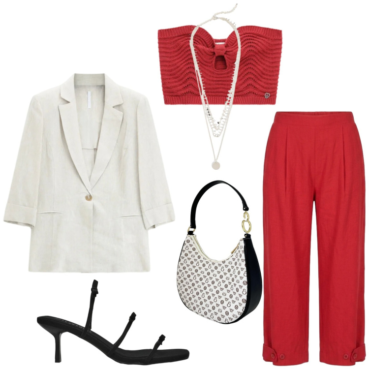 Outfit donna - Total look #2454927. Stile Chic per Serata fuori. Abbinamento con collane, sandali col tacco, top, blazer, pantaloni, borse a spalla.
