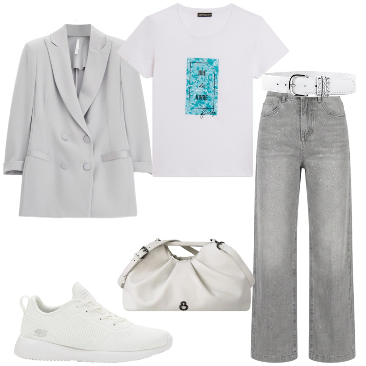 Outfit donna - Total look #2454928. Stile Casual per Tutti i giorni. Abbinamento con sneakers, cinture, blazer, t-shirt, clutch, jeans.