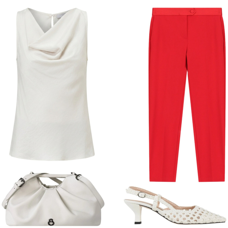 Outfit donna - Ritorno in ufficio. Stile Glamour per Ufficio. Abbinamento con décolleté, pantaloni, canottiere, clutch.