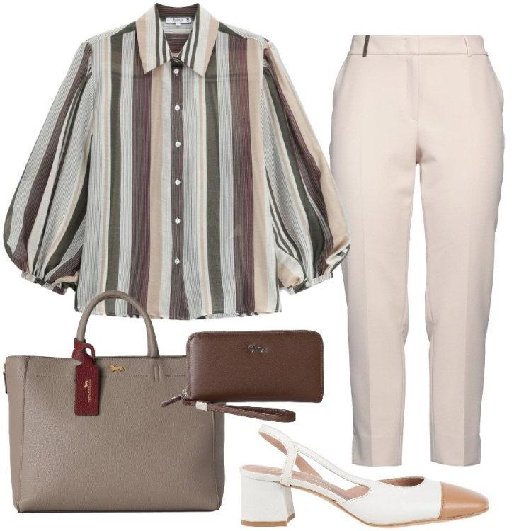 Outfit donna - Agosto in ufficio. Stile Urban per Ufficio. Abbinamento con pantaloni, décolleté, portafogli, borse a mano, camicie.