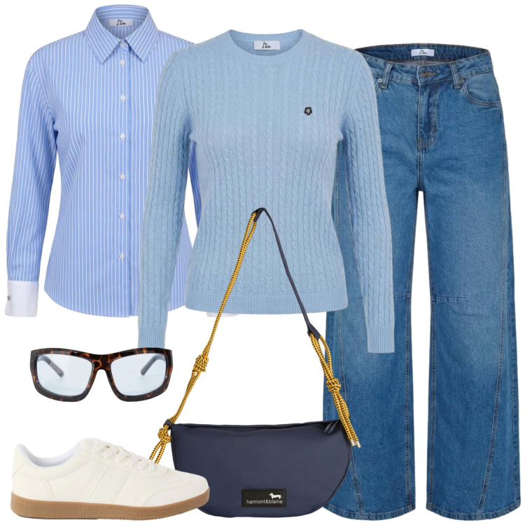 Outfit donna - In scooter. Stile Casual per Scuola/Università. Abbinamento con sneakers, maglieria, jeans, camicie, borse a tracolla, occhiali da sole.