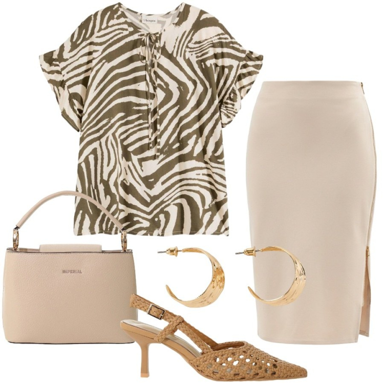 Outfit donna - Agosto in ufficio. Stile Chic per Ufficio. Abbinamento con orecchini, tuniche, borse a secchiello, décolleté, gonne longuette.