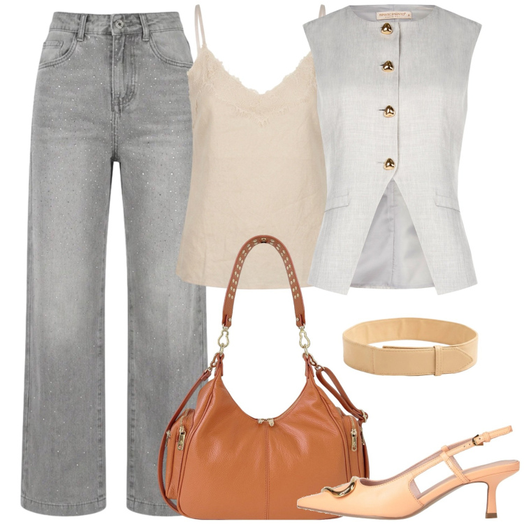Outfit donna - Inaspettato. Stile Casual chic per Ufficio. Abbinamento con décolleté, gilet, borse a spalla, jeans, cinture, top.