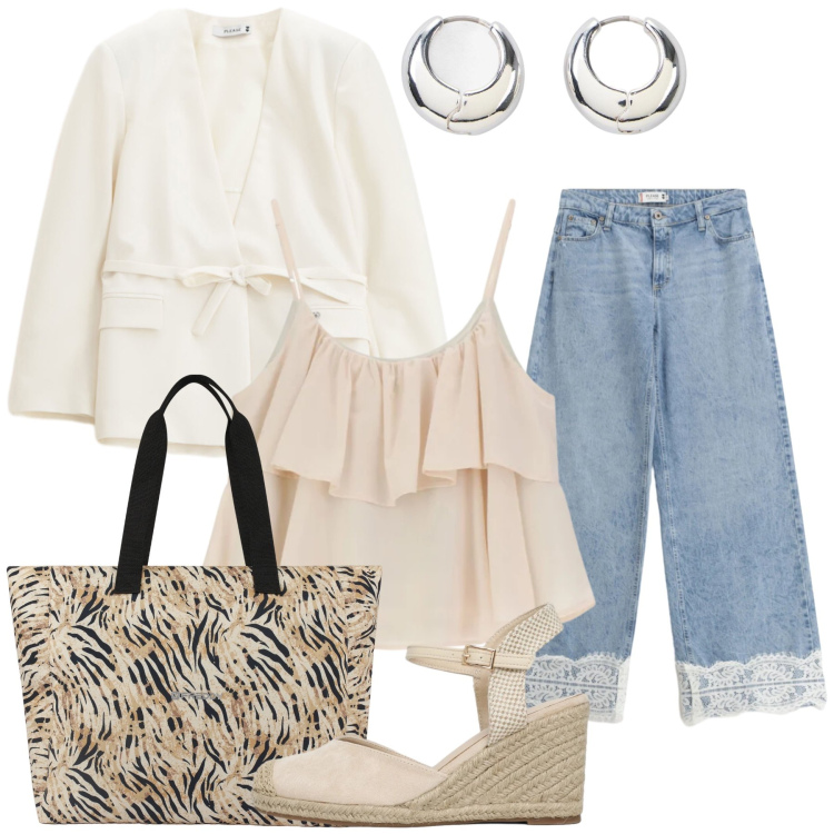 Outfit donna - Total look #2454943. Stile Casual chic per Tutti i giorni. Abbinamento con orecchini, zeppe, jeans, blazer, top, shopping bag.