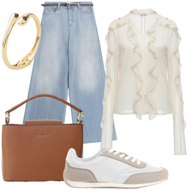 Outfit donna - Total look #2454945. Stile Casual chic per Tutti i giorni. Abbinamento con braccialetti, sneakers, borse a secchiello, bluse, jeans.