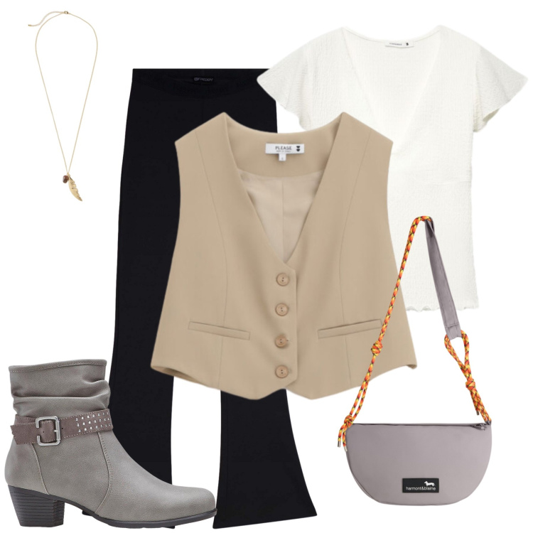 Outfit donna - Total look #2454946. Stile Casual chic per Tutti i giorni. Abbinamento con stivaletti, collane, t-shirt, gilet, borse a tracolla, pantaloni.