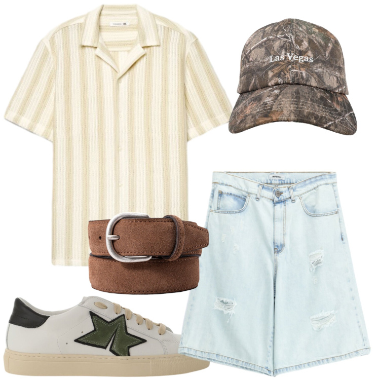Outfit uomo - Total look #2454947. Stile Casual per Tutti i giorni. Abbinamento con bermuda, sneakers, cappelli con visiera, camicie a manica corta, cinture.