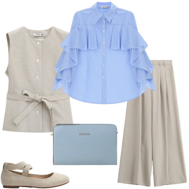 Outfit donna - Ritorno in ufficio. Stile Casual chic per Ufficio. Abbinamento con ballerine, pantaloni a palazzo, gilet, camicie, borse a tracolla.