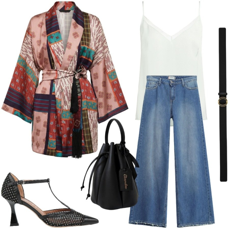 Outfit donna - La camicia annodata coi jeans. Stile Etnico per Serata fuori. Abbinamento con décolleté, top, jeans dritti, kimono, cinture, borse a secchiello.
