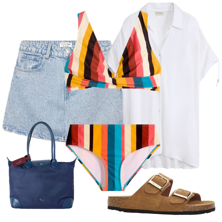 Outfit donna - Total look #2454950. Stile Casual per Mare. Abbinamento con bikini, ciabatte, camicie a manica corta, shorts, shopping bag.