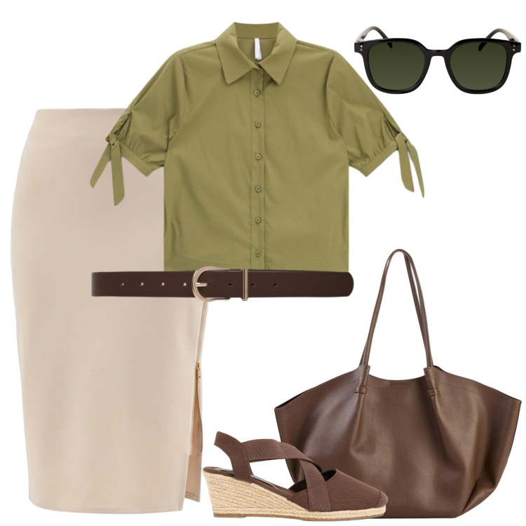 Outfit donna - La gonna beige e la camicia verde. Stile Chic per Ufficio. Abbinamento con shopping bag, zeppe, cinture, camicie a manica corta, gonne longuette, occhiali da sole.