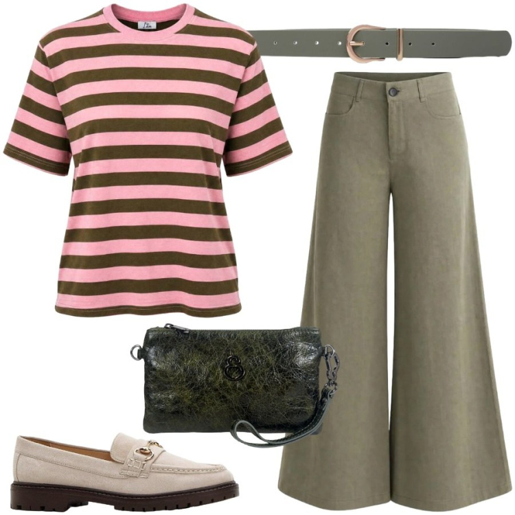 Outfit donna - Righe top ten dell\' estate. Stile Casual chic per Tutti i giorni. Abbinamento con mocassini, cinture, pantaloni a palazzo, t-shirt, pochette.