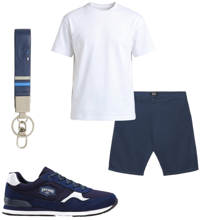 Outfit uomo - Stile barca. Stile Casual per Mare. Abbinamento con sneakers, t-shirt, portachiavi, pantaloni corti.