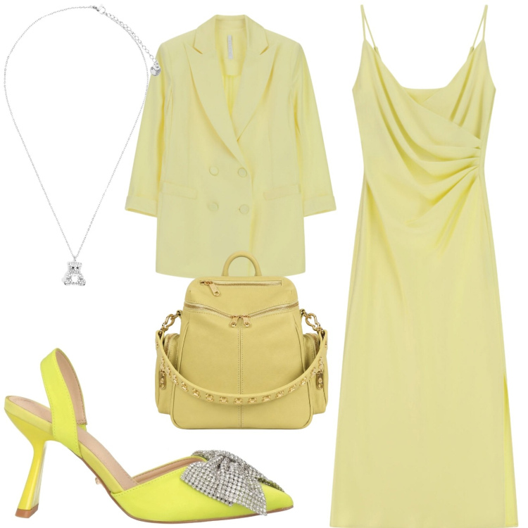 Outfit donna - Serata. Stile Casual chic per Serata fuori. Abbinamento con décolleté, vestiti midi/longuette, blazer, ciondoli, zaini.