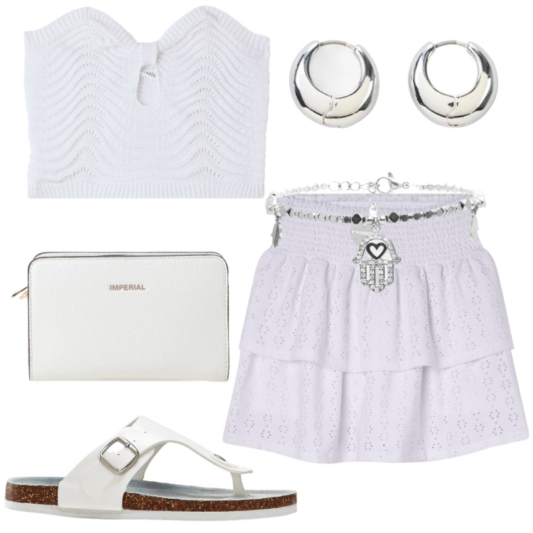 Outfit donna - Fine Agosto caldo. Stile Casual per Tutti i giorni. Abbinamento con infradito, orecchini, minigonne, top, borse a tracolla, braccialetti.