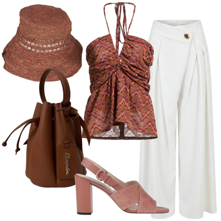 Outfit donna - Ristorante sul mare. Stile Etnico per Serata fuori. Abbinamento con top, sandali in pelle, cappelli con visiera, pantaloni a palazzo, borse a secchiello.