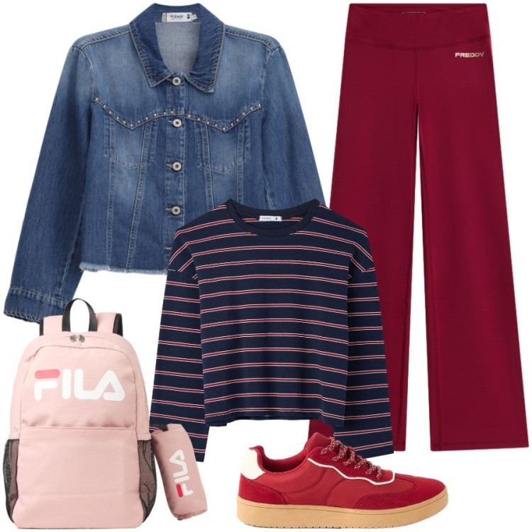 Outfit donna - Tutto pronto per le prime lezioni. Stile Casual per Scuola/Università. Abbinamento con sneakers, zaini, t-shirt, blazer, pantaloni.