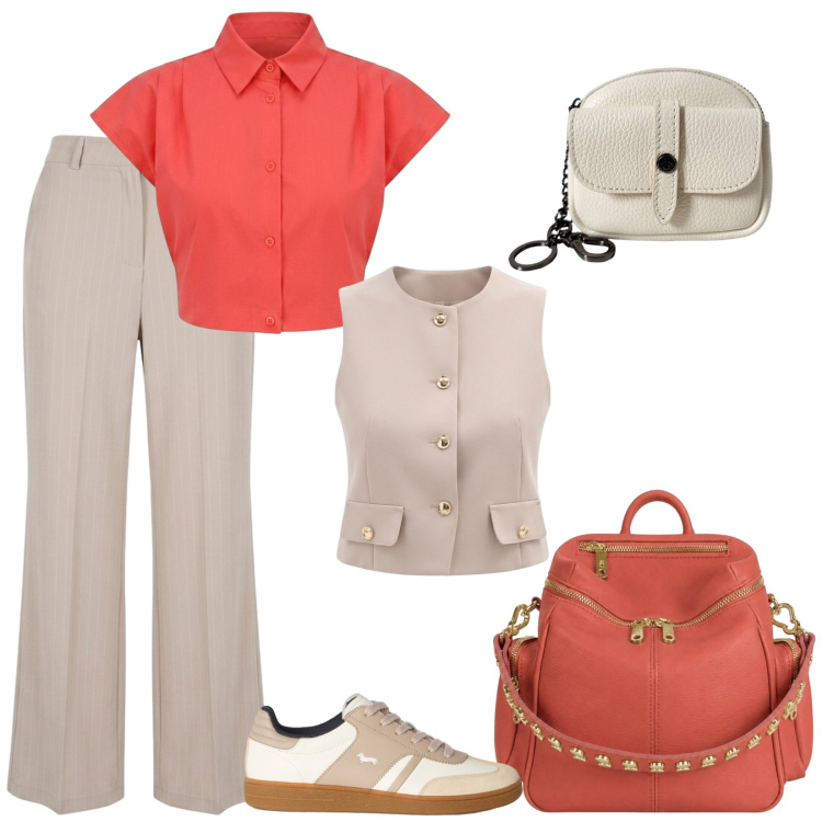 Outfit donna - Il gilet e le sneakers. Stile Casual chic per Ufficio. Abbinamento con sneakers, pantaloni, gilet, camicie a manica corta, zaini, portachiavi.