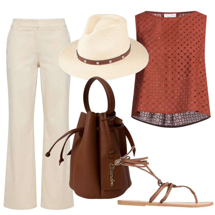 Outfit donna - Sabbia e terra bruciata. Stile Minimal per Tutti i giorni. Abbinamento con top, ciabatte, cappelli, pantaloni, borse a secchiello.