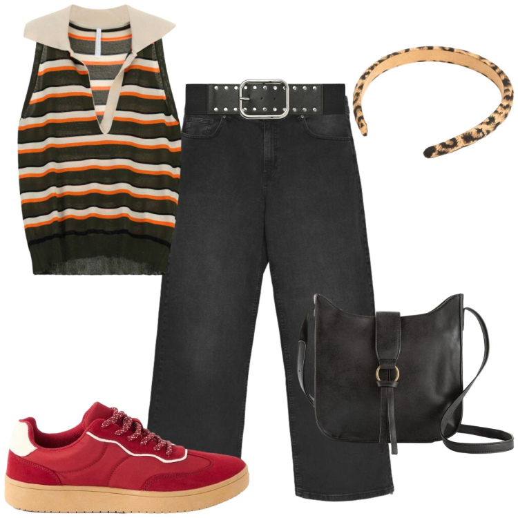 Outfit donna - Casual. Stile Casual per Tutti i giorni. Abbinamento con borse a tracolla, sneakers, top, cinture, jeans, cerchietti.