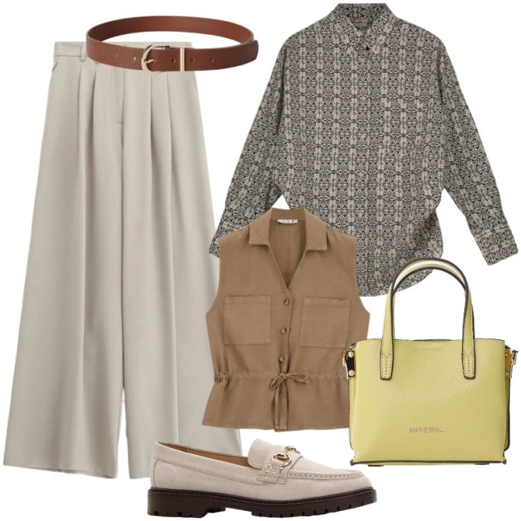Outfit donna - Un tocco di colore con la borsa lime. Stile Casual chic per Ufficio. Abbinamento con mocassini, cinture, pantaloni a palazzo, gilet, camicie, borse a tracolla.