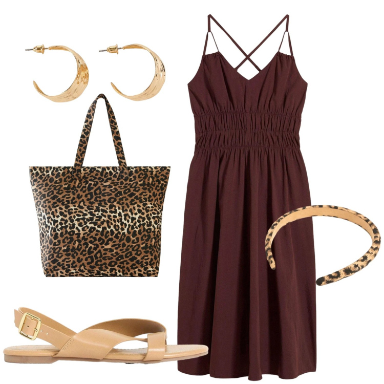 Outfit donna - Ancora giorni caldi. Stile Casual per Tutti i giorni. Abbinamento con sandali, shopping bag, vestiti, orecchini, cerchietti.