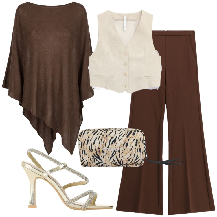 Outfit donna - Aperitivo. Stile Casual chic per Serata fuori. Abbinamento con reggiseni a balconcino, pantaloni, sandali col tacco, gilet, cappotti, valigie.