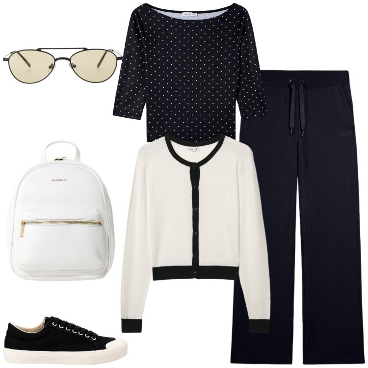 Outfit donna - Il cardigan sottile, bianco e nero. Stile Casual per Tutti i giorni. Abbinamento con occhiali da sole, zaini, sneakers, t-shirt, cardigans, pantaloni.