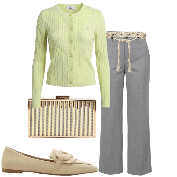 Outfit donna - Ufficio. Stile Casual per Ufficio. Abbinamento con mocassini, cinture, pantaloni, cardigans, clutch.