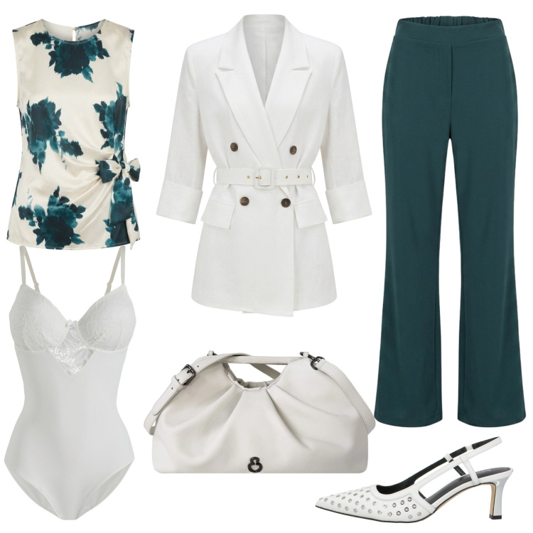 Outfit donna - Bianco e verde per fine agosto. Stile Chic per Serata fuori. Abbinamento con décolleté, body, blazer, clutch, top, pantaloni.