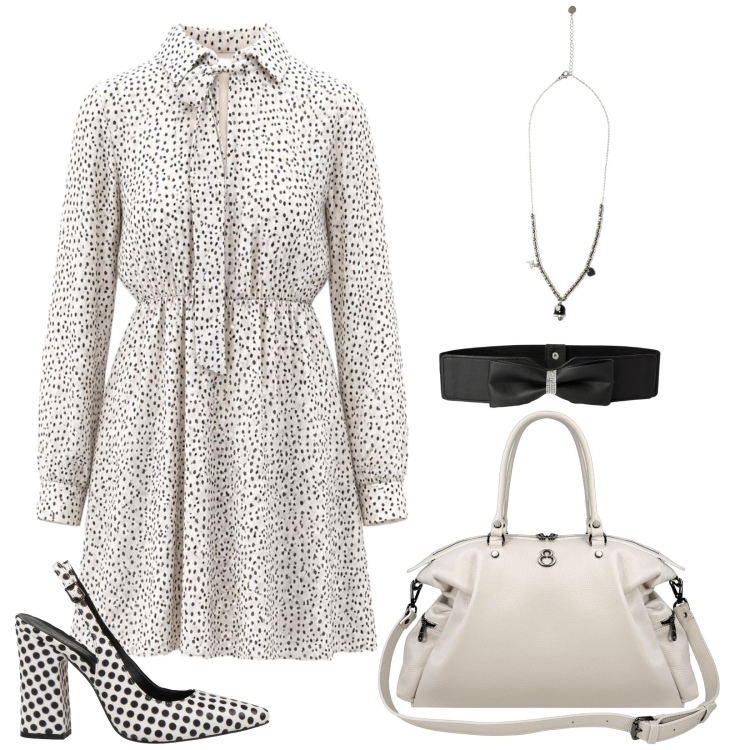 Outfit donna - L\'elegante abito a pois. Stile Bon Ton per Serata fuori. Abbinamento con décolleté, cinture, vestiti corti, ciondoli, shopping bag.