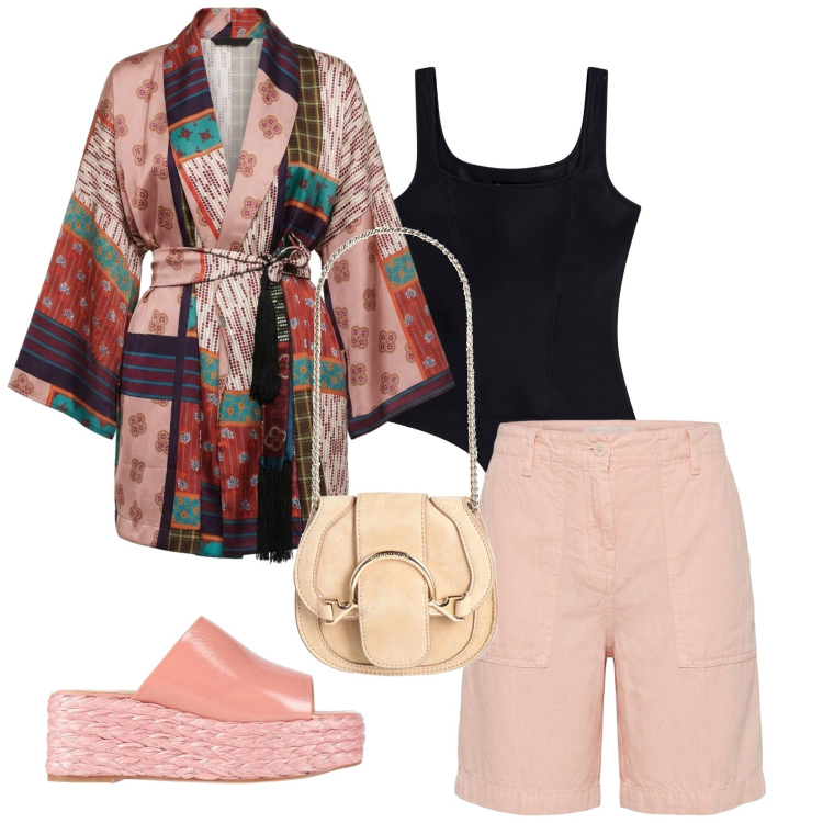Outfit donna - Il kimono. Stile Chic per Tutti i giorni. Abbinamento con marsupi, sandali in pelle, bermuda, kimono, top.