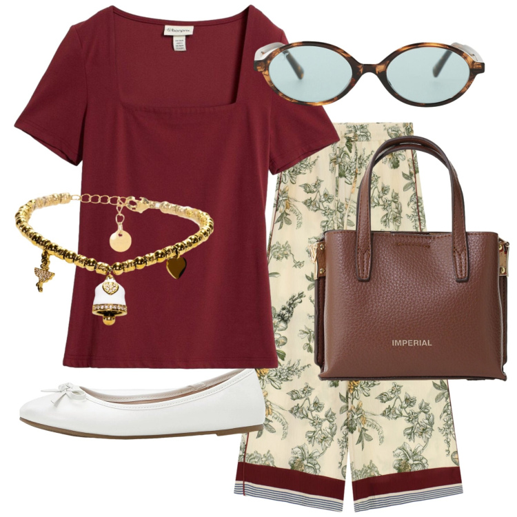 Outfit donna - Total look #2454996. Stile Bon Ton per Ufficio. Abbinamento con ballerine, t-shirt, pantaloni a palazzo, borse a tracolla, occhiali da sole, braccialetti.